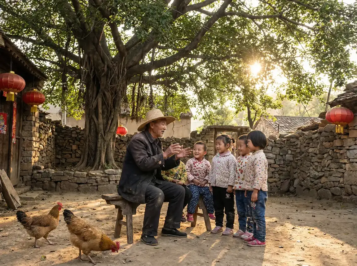 老人在大榕树下给孩子们讲故事 - 深情触摸电影 乡村记忆